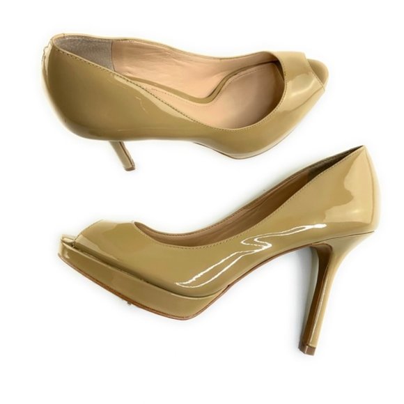 Vince Camuto Shoes - Vince Camuto Patent Peep Toe Heels in Tan